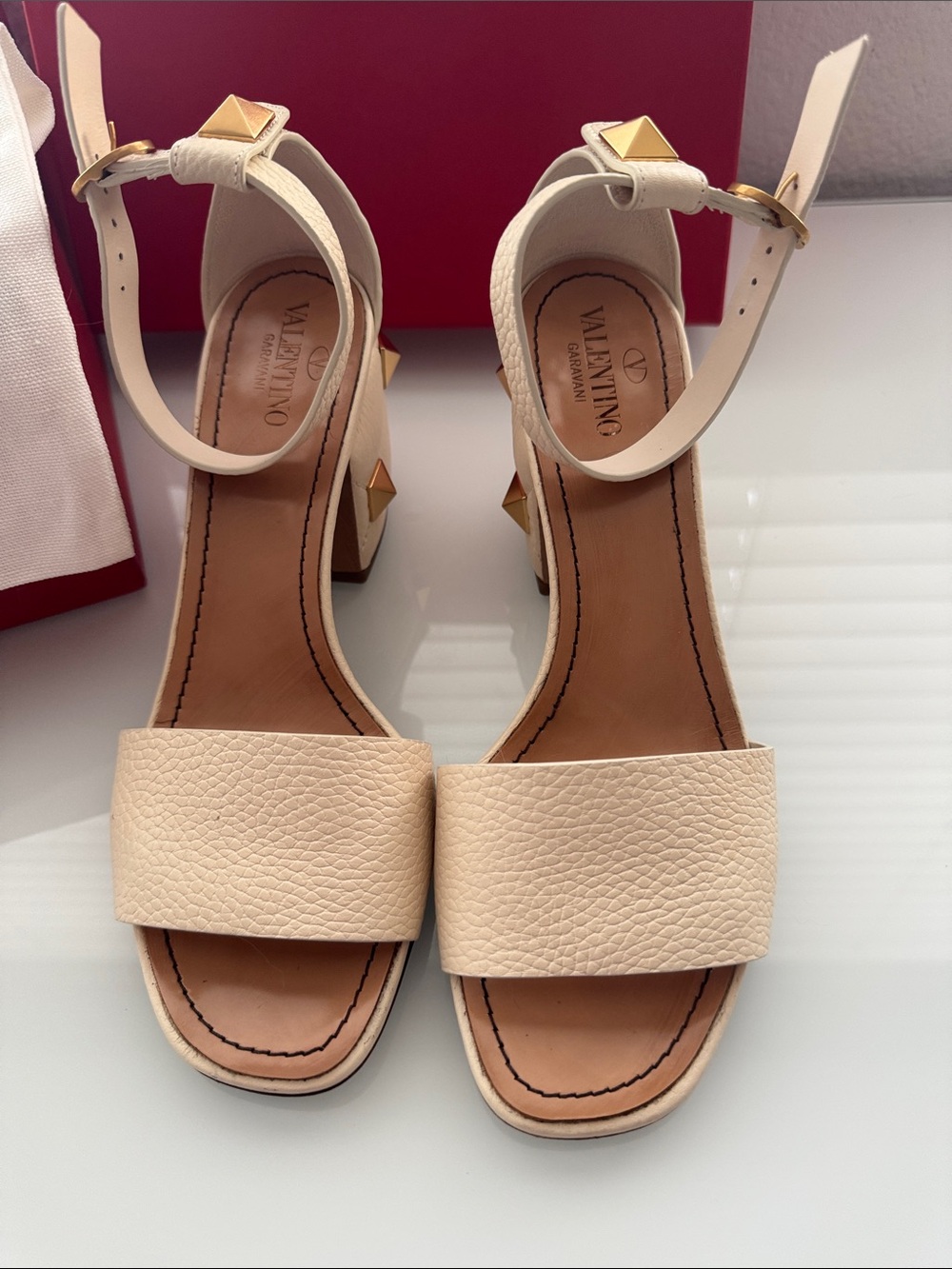 Valentino Garavani Cream Leather Ankle-Strap Block Heel Sandals
